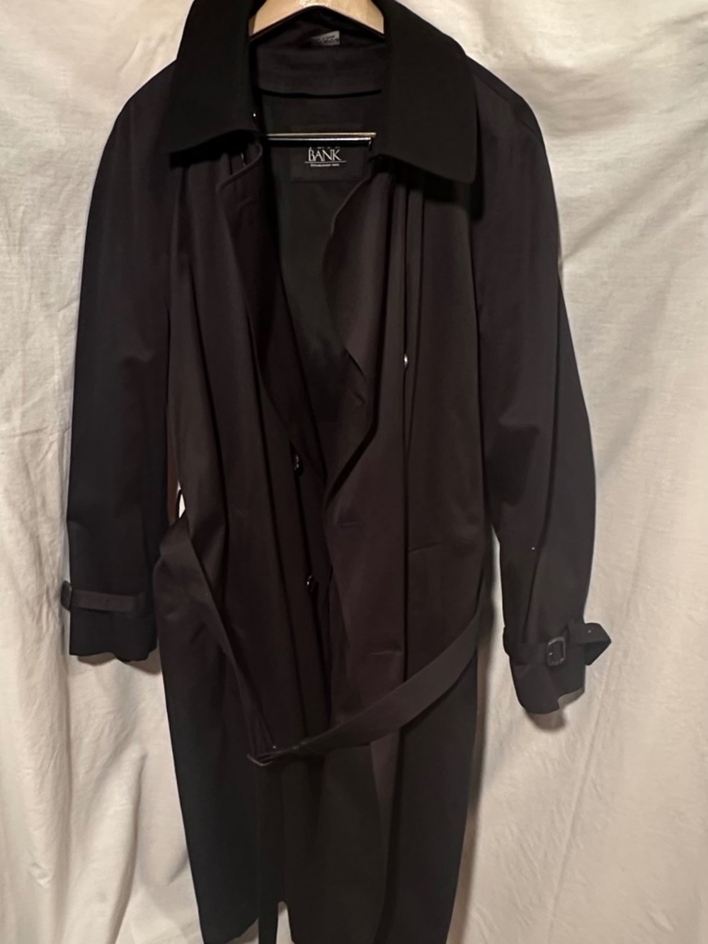 Jos A Bank black, long, double-breasted raincoat; 46L